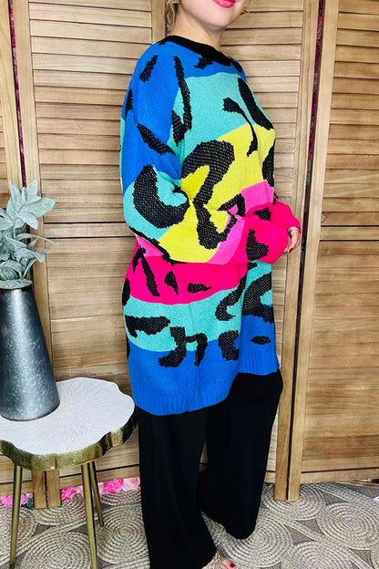 Multi color leopard knitted long sleeve women sweater/tunic MY13437