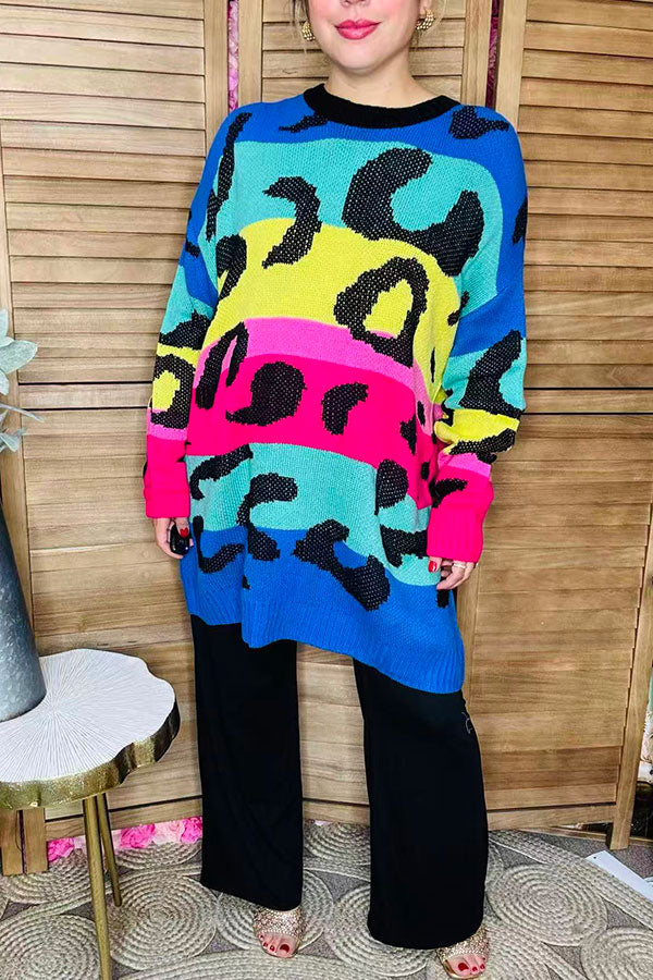 Multi color leopard knitted long sleeve women sweater/tunic MY13437