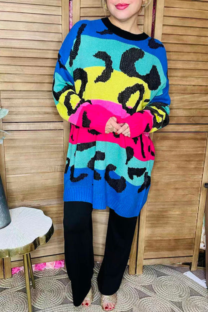 Multi color leopard knitted long sleeve women sweater/tunic MY13437