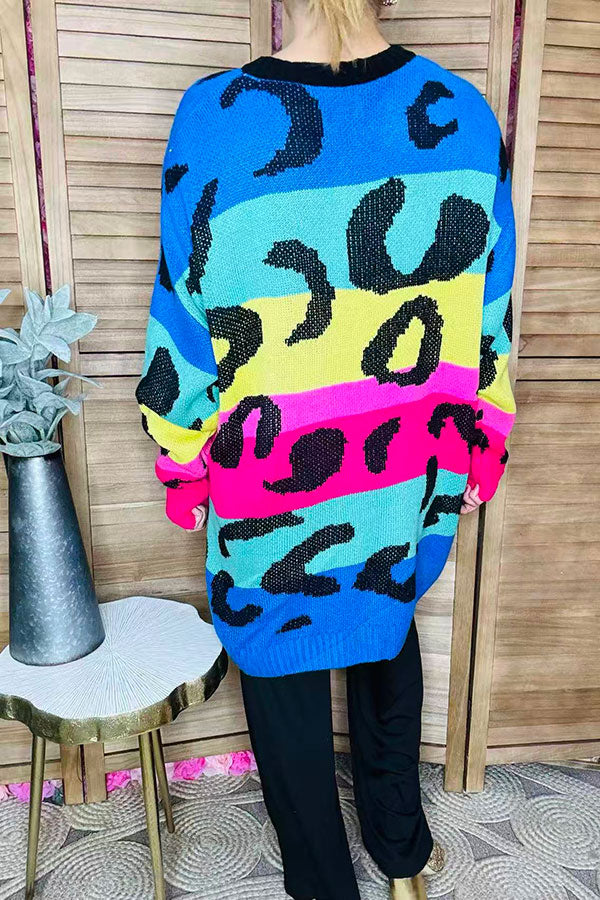Multi color leopard knitted long sleeve women sweater/tunic MY13437