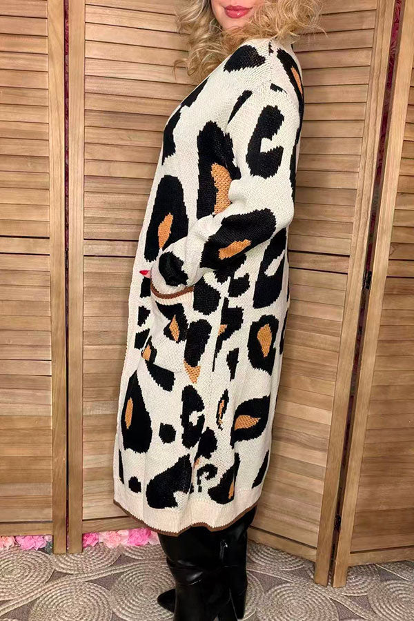 Knitted leopard long style open cardigan/sweater w/pockets MY15267