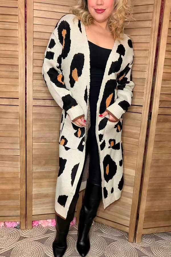 Knitted leopard long style open cardigan/sweater w/pockets MY15267