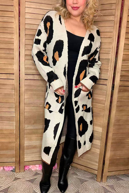 Knitted leopard long style open cardigan/sweater w/pockets MY15267
