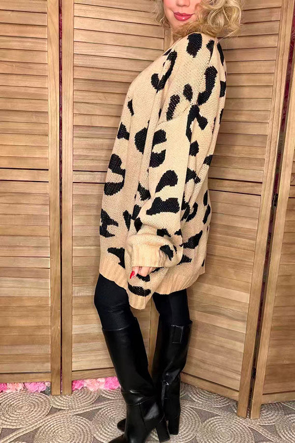 Cozy leopard loose style long sleeve women sweater/cardigan MY15287