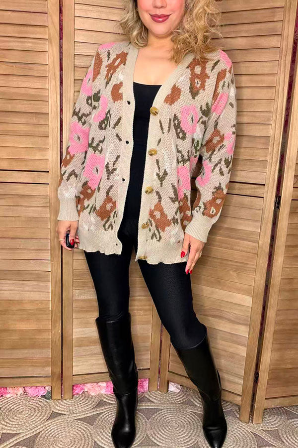 Floral knitted long sleeve women sweater/cardigan with buttons up MY15297