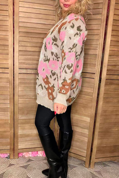 Floral knitted long sleeve women sweater/cardigan with buttons up MY15297