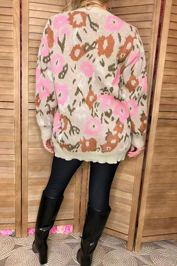 Floral knitted long sleeve women sweater/cardigan with buttons up MY15297