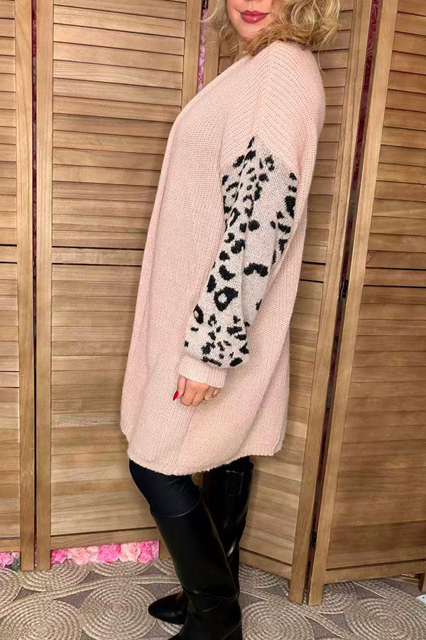 Light pink knitted leopard long sleeve women Sweater/cardigan MY15300