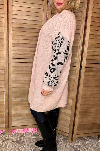 Light pink knitted leopard long sleeve women Sweater/cardigan MY15300