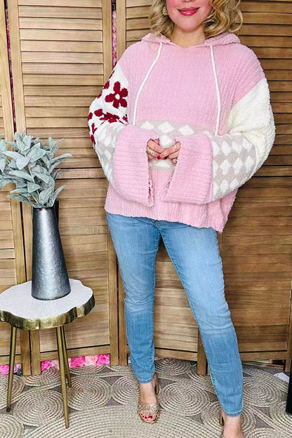 Checkered Flower Pink knitted loose style women hoodie sweater MY15306