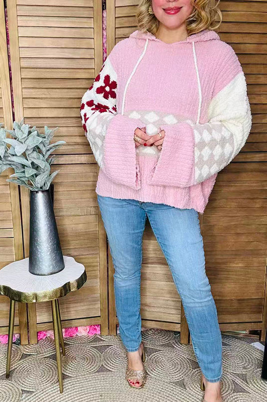 Checkered Flower Pink knitted loose style women hoodie sweater MY15306