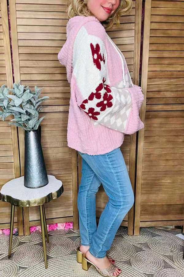 Checkered Flower Pink knitted loose style women hoodie sweater MY15306