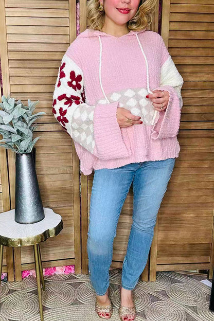 Checkered Flower Pink knitted loose style women hoodie sweater MY15306