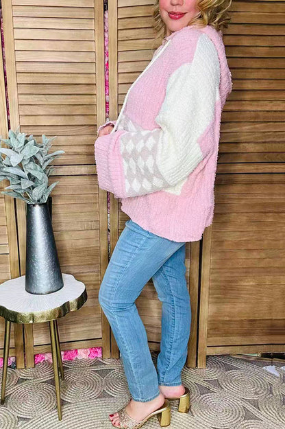 Checkered Flower Pink knitted loose style women hoodie sweater MY15306