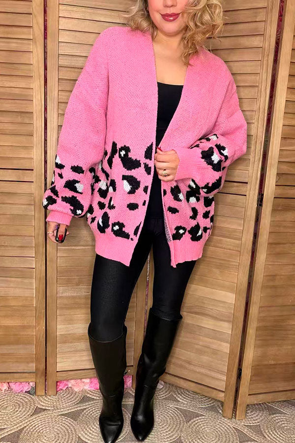 Pink knitted leopard long sleeve women sweater/cardigan MY15400