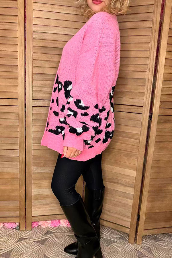 Pink knitted leopard long sleeve women sweater/cardigan MY15400