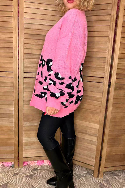 Pink knitted leopard long sleeve women sweater/cardigan MY15400
