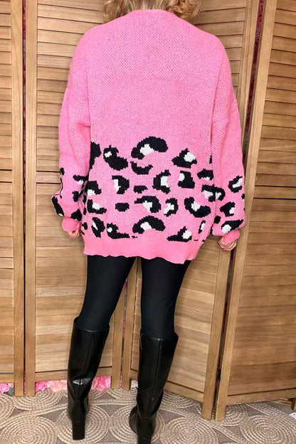 Pink knitted leopard long sleeve women sweater/cardigan MY15400