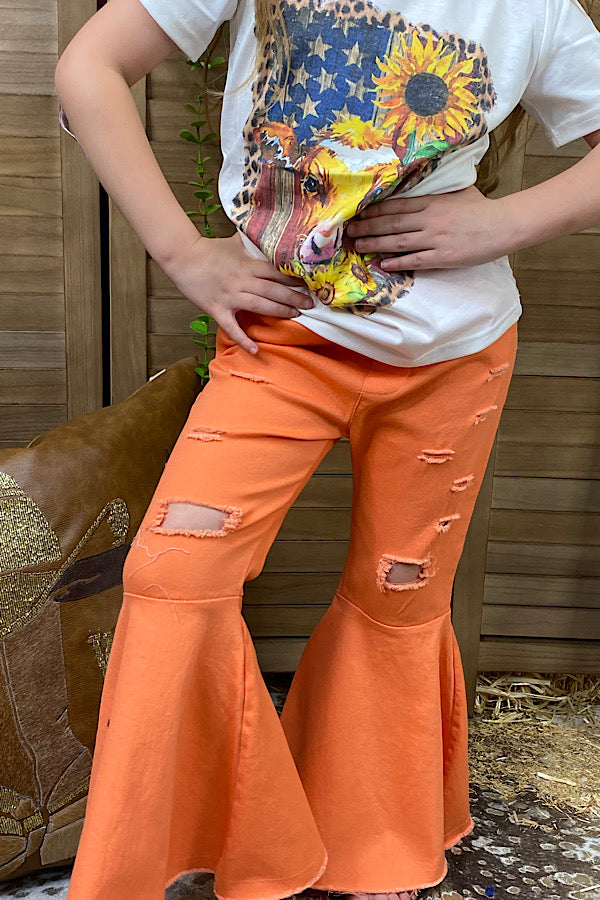 Western Orange distressed bell bottom girl's boutique jeans 206014M