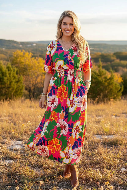 Chic floral printed short sleeve maxi women boutioque dress Southern Stitch PA2406