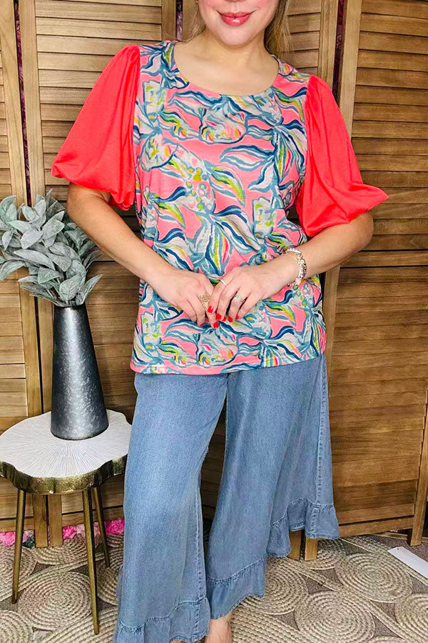 Women's top bulk online Multi color prints & red chiffon short sleeve PA2408