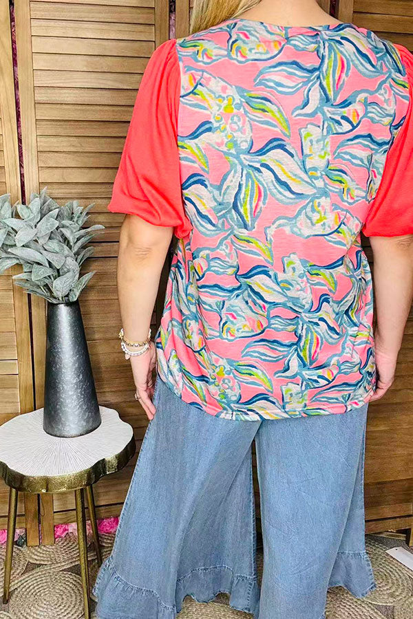 Women's top bulk online Multi color prints & red chiffon short sleeve PA2408