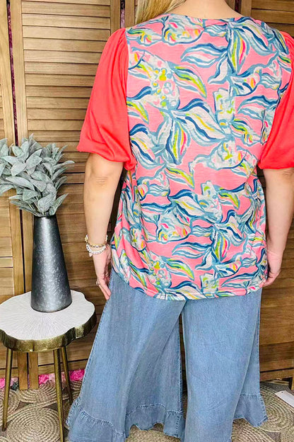 Women's top bulk online Multi color prints & red chiffon short sleeve PA2408