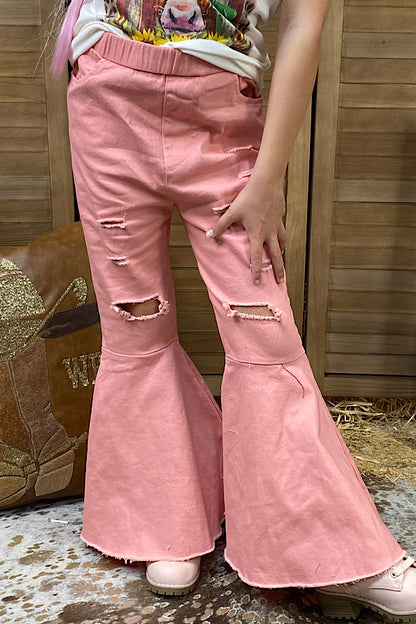 Pink denim girls distressed bell bottoms 206014M