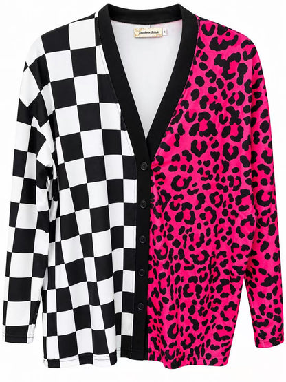 Western pink leopard & checkered long sleeve women's boutique cardigan Southern Stitch XCH17465