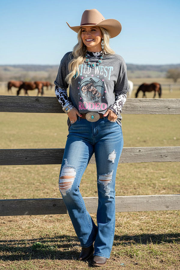 Western "WILD WEST RODEO" gray women's boutique top XCH14272