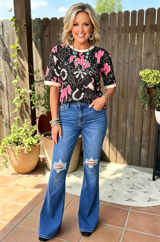 Western washed blue denim ripped boutique women's jeans S011
