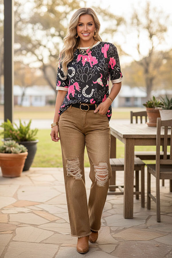 Western brown distressed straight denim jeans women's boutique pant S013