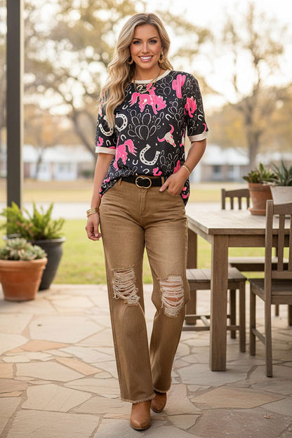 Western brown distressed straight denim jeans women's boutique pant S013