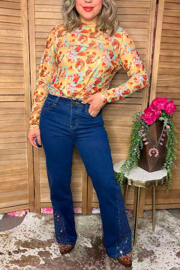 Western blue denim rhinestone jeans bell bottom women's boutique pant Southern Stitch S025