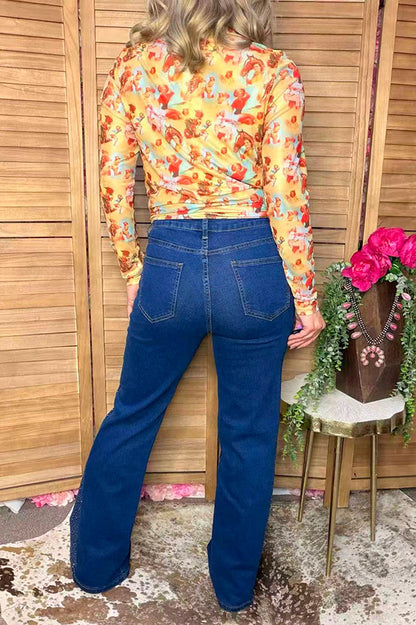 Western blue denim rhinestone jeans bell bottom women's boutique pant Southern Stitch S025