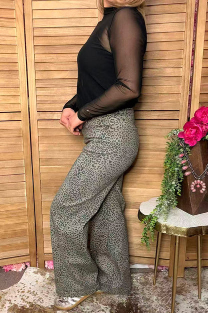 Western grey leopard denim wide leg women's boutique jeans Southern Stitch S028