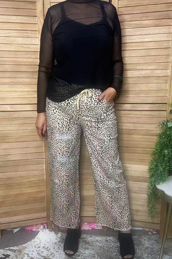 Western leopard denim wide leg women's boutique distress jeans Southern Stitch S029