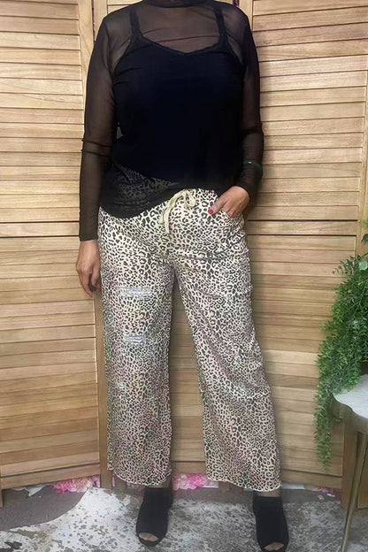 Western leopard denim wide leg women's boutique distress jeans Southern Stitch S029
