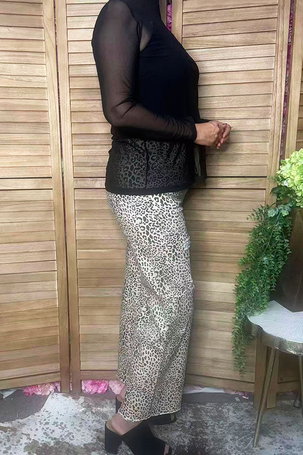 Western leopard denim wide leg women's boutique distress jeans Southern Stitch S029