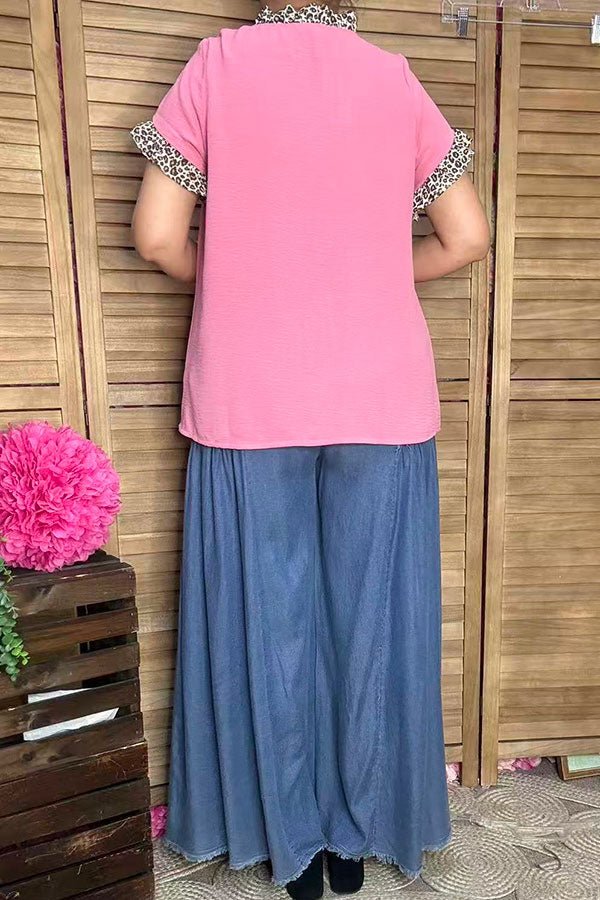 Southern Stitch Leopard ruffle trim pink women top XCH16911