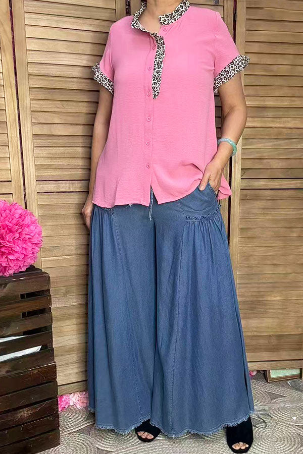 Southern Stitch Leopard ruffle trim pink women top XCH16911