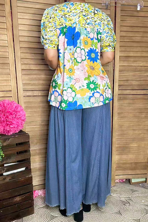 Flower printed & lace trim round neck puff sleeve women blouse GJQ16291