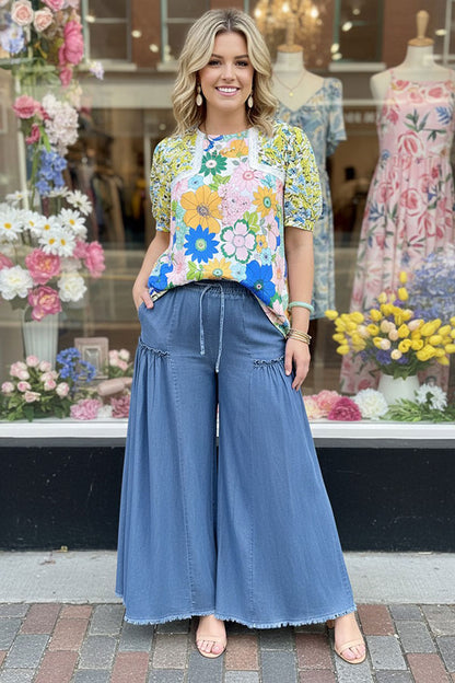 Flower printed & lace trim round neck puff sleeve women blouse GJQ16291