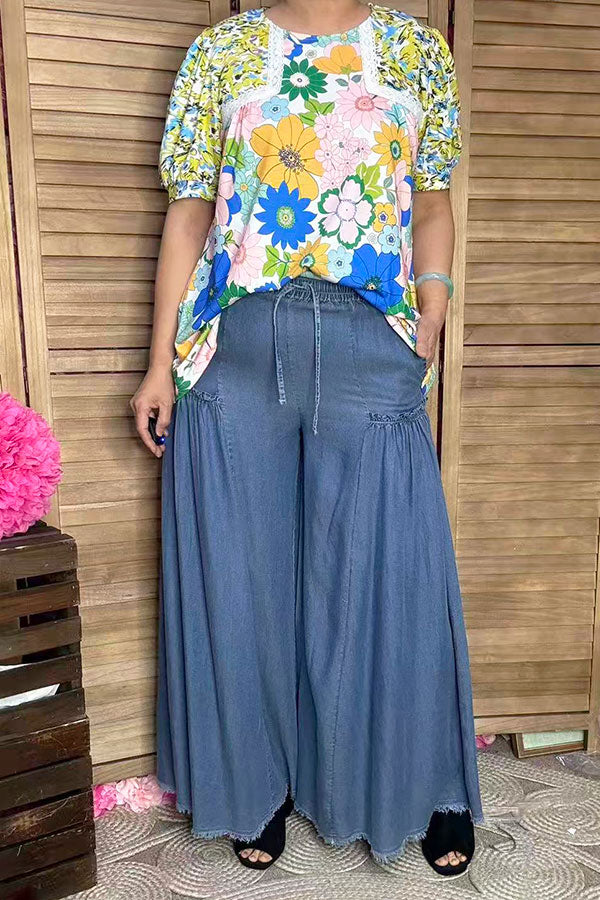 Flower printed & lace trim round neck puff sleeve women blouse GJQ16291