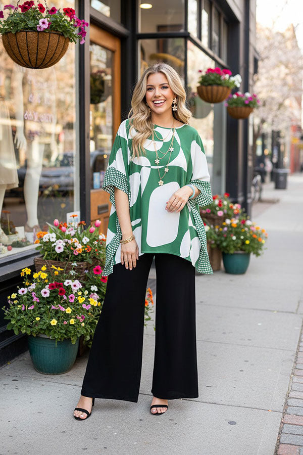 Southern Stitch Green & White print poncho loose women top GJQ16694