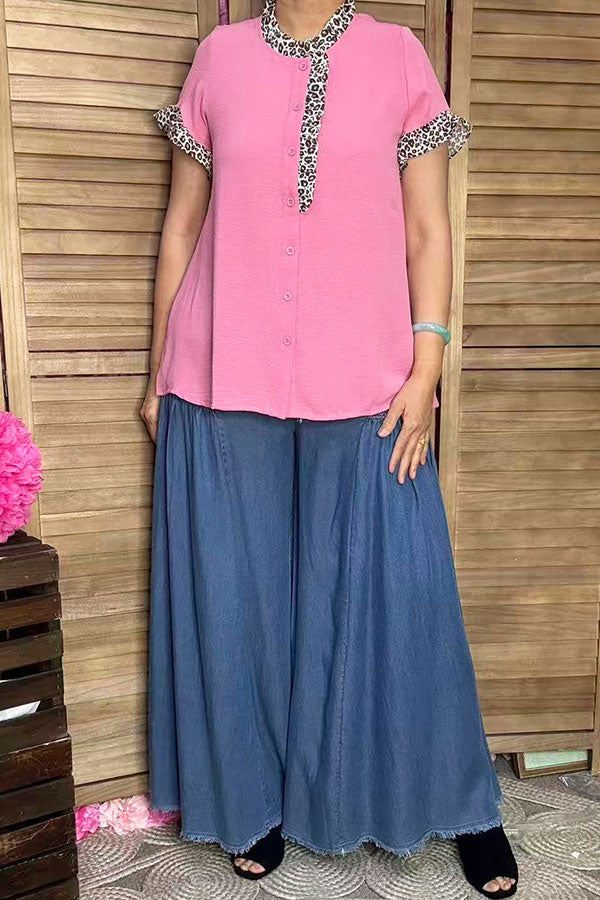 Southern Stitch Leopard ruffle trim pink women top XCH16911
