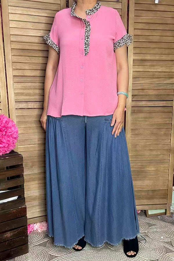 Southern Stitch Leopard ruffle trim pink women top XCH16911