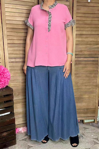 Southern Stitch Leopard ruffle trim pink women top XCH16911