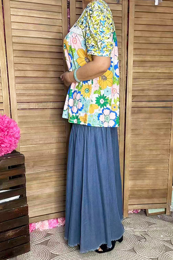 Flower printed & lace trim round neck puff sleeve women blouse GJQ16291