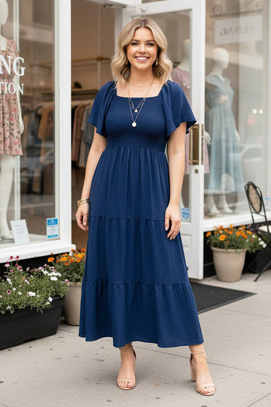 Southern Stitch Navy blue shirred square flattering maxi women dress XCH17018